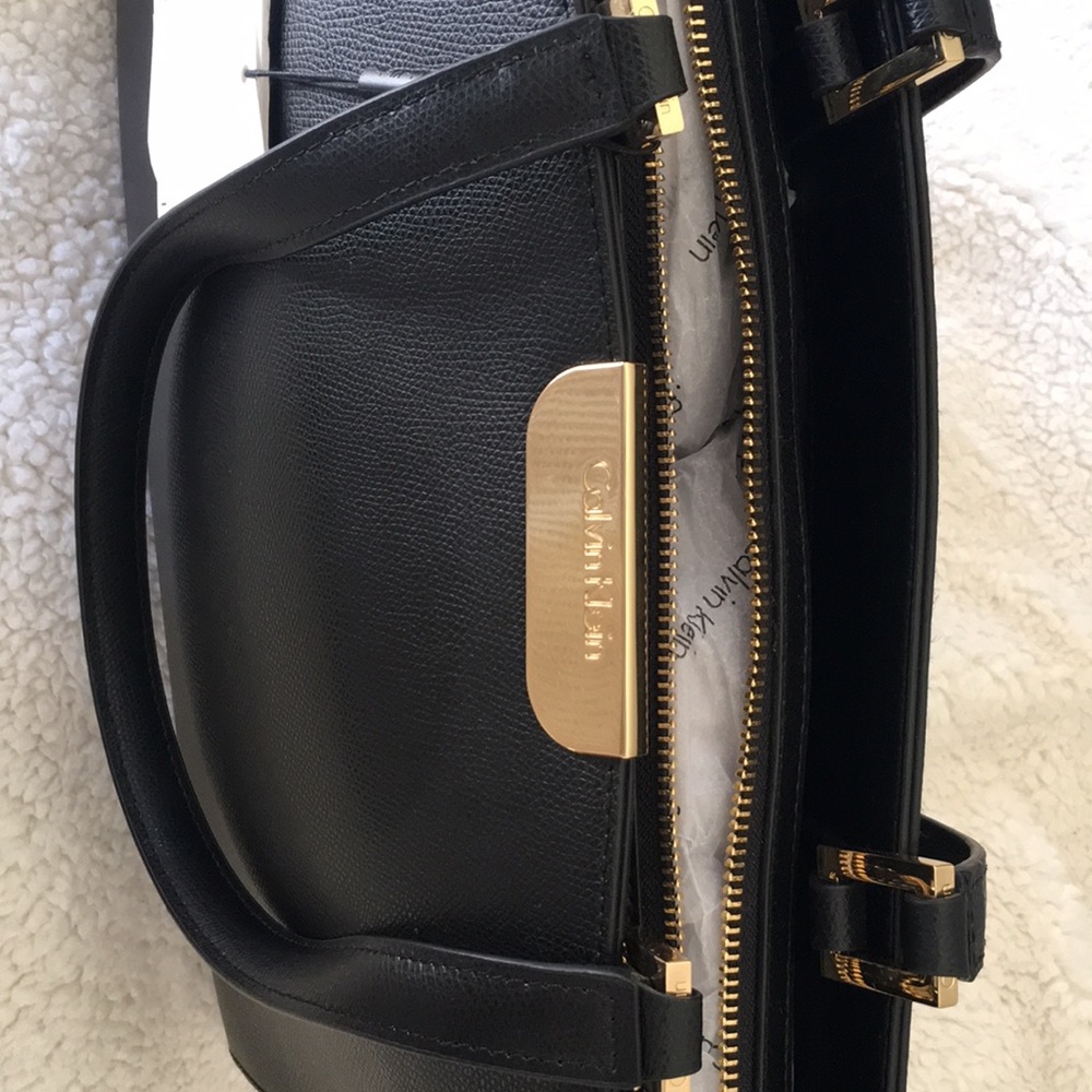 Calvin Klein Black Leather Tote Shoulder Handbag